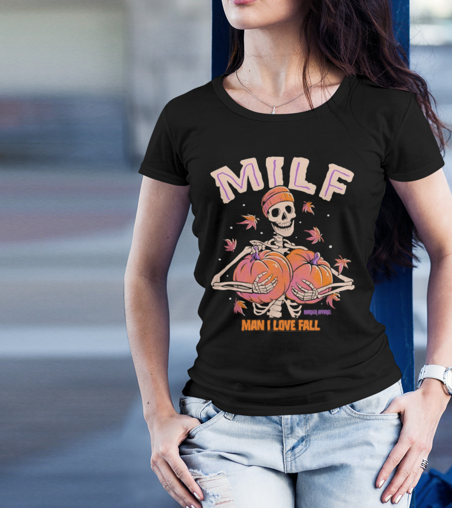 MILF Skeleton Man I Love Fall Pumpkins Leaves Vintage Halloween T-Shirt