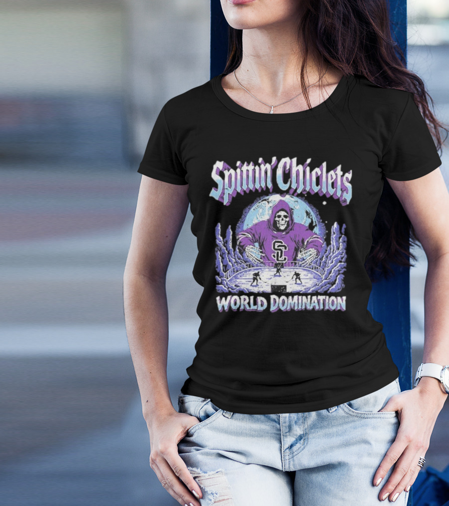 Spittin Chiclets Grim Reaper Hockey World Domination Moon T-Shirt