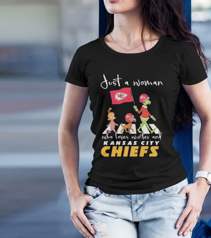 Just A Woman Who Loves Winter And Kansas City Chiefs Abbey Road T-Shirt