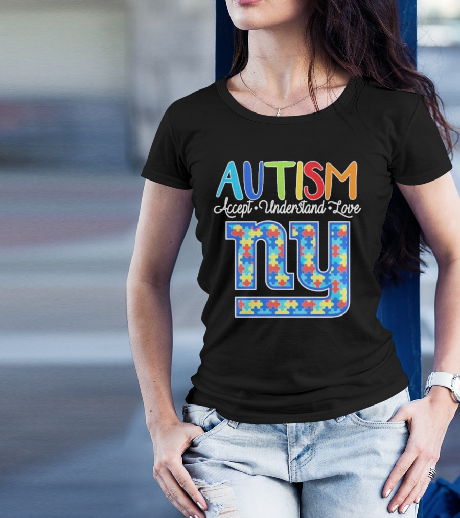 Autism Accept Understand Love NY Giants Puzzle Piece Pattern T-Shirt