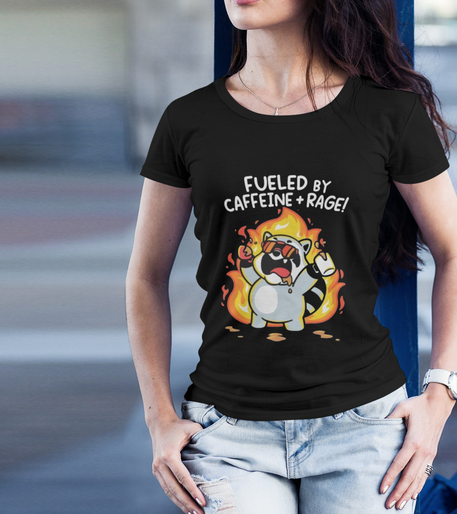 Fueled By Caffeine And Rage Raccoon Fire Cartoon Coffee T-Shirt