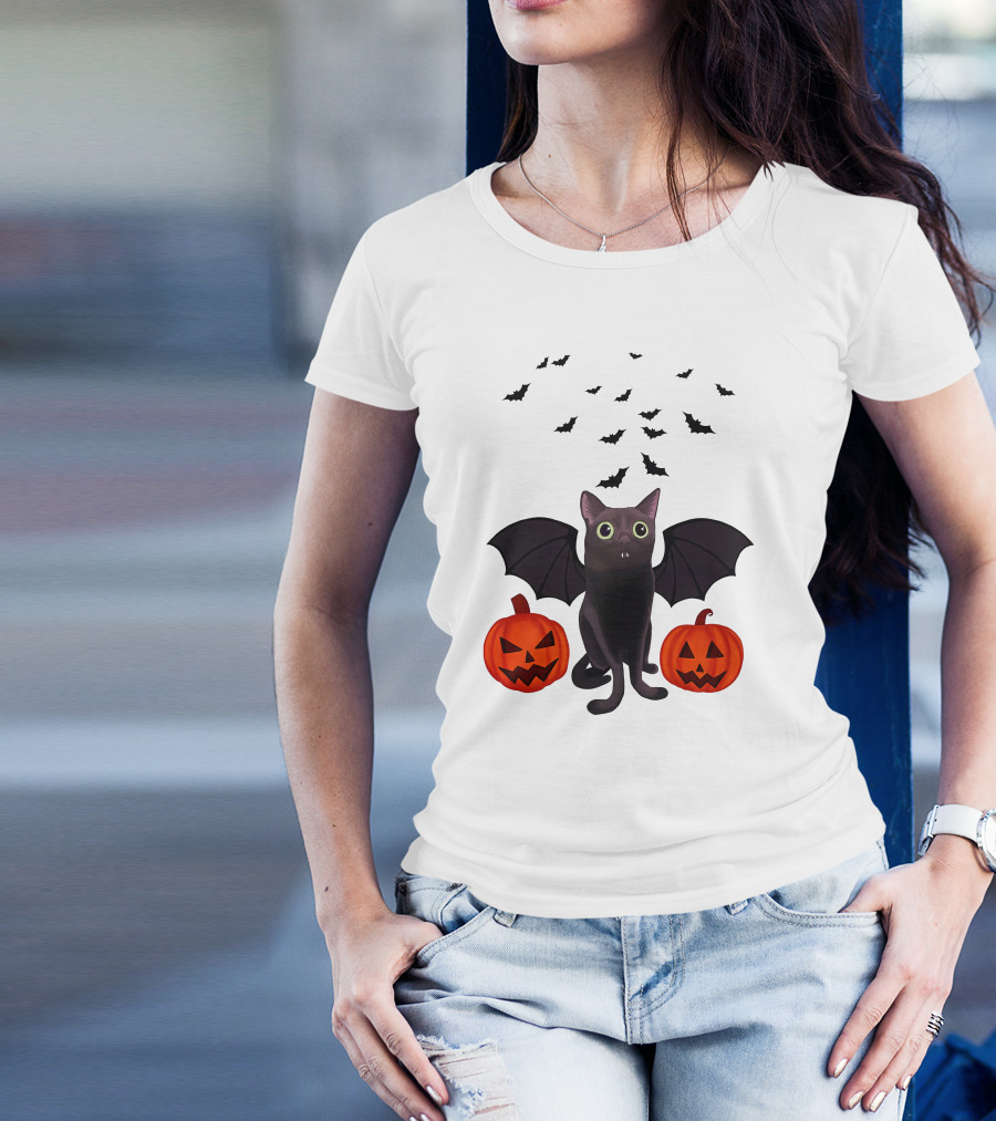 Bigfootjinx Merch Halloween Bat Jinx Black Cat With Pumpkin Jack-o'-Lanterns And Flying Bats T-Shirt