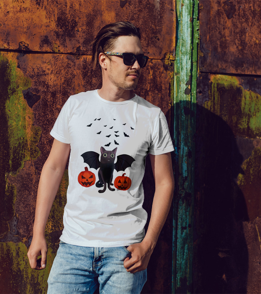 Bigfootjinx Merch Halloween Bat Jinx Black Cat With Pumpkin Jack-o'-Lanterns And Flying Bats T-Shirt