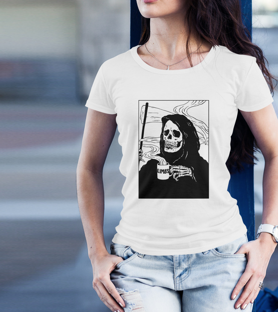 Chelsea Grin Down Right Merch Limbs Coffee Reaper Skeleton Holding Scythe And Mug T-Shirt