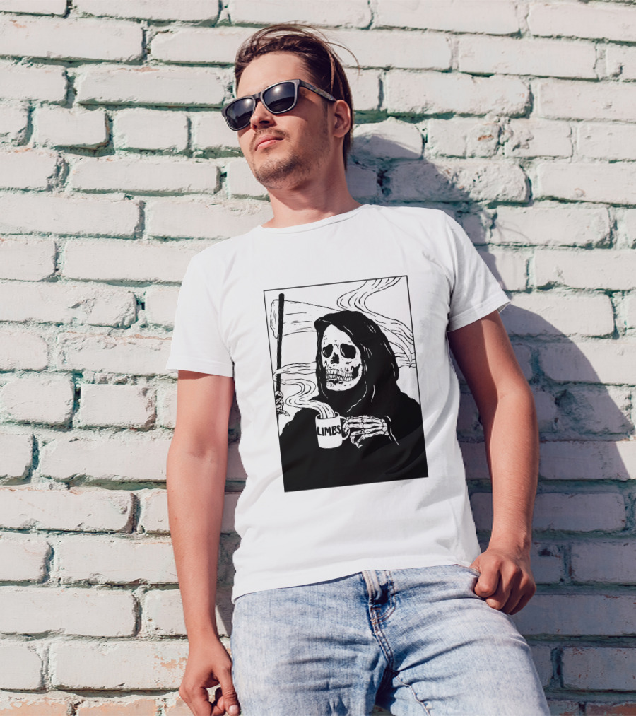 Chelsea Grin Down Right Merch Limbs Coffee Reaper Skeleton Holding Scythe And Mug T-Shirt