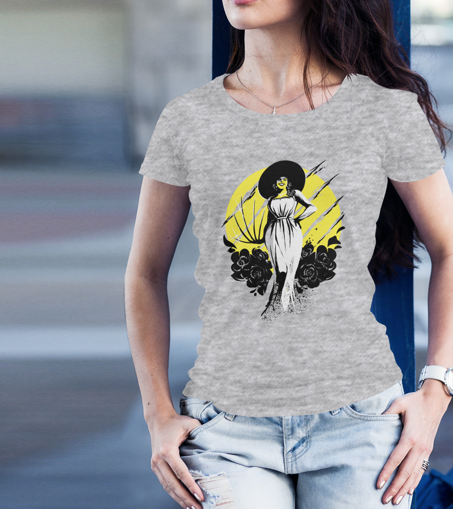 Fangamer Shop Resident Evil Lady Dimitrescu Iconic Yellow Backdrop Roses Claws T-Shirt
