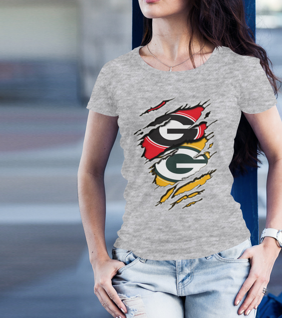 Green Bay Packers Georgia Bulldogs Dual Logo Rip Claw Marks T-Shirt
