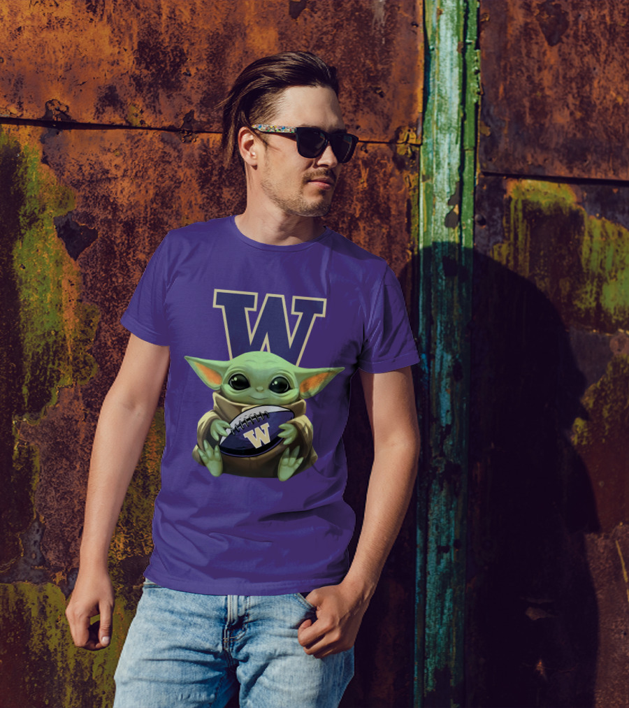 Baby Yoda Holding Washington Huskies Football W T-Shirt