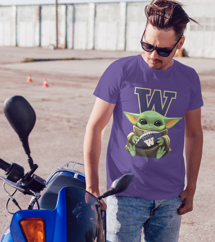 Baby Yoda Holding Washington Huskies Football W T-Shirt