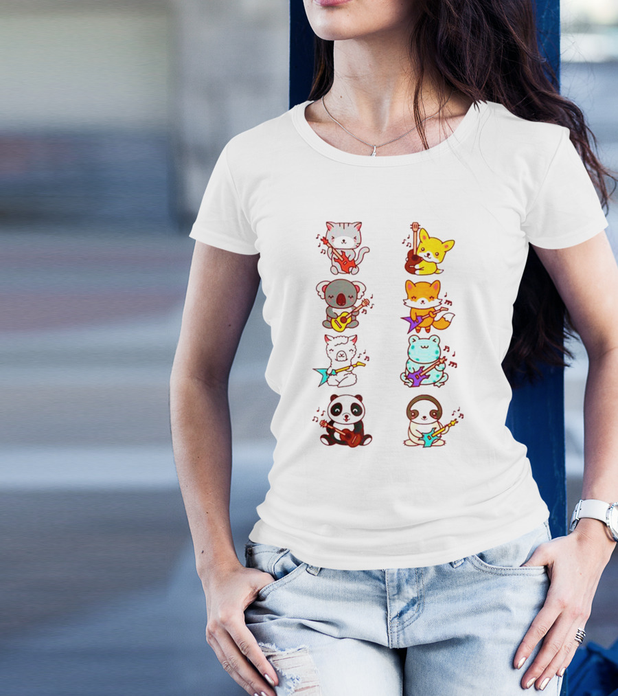 Cat Fox Koala Alpaca Frog Panda Animals Playing Acoustic Electric Guitars Kawaii T-Shirt