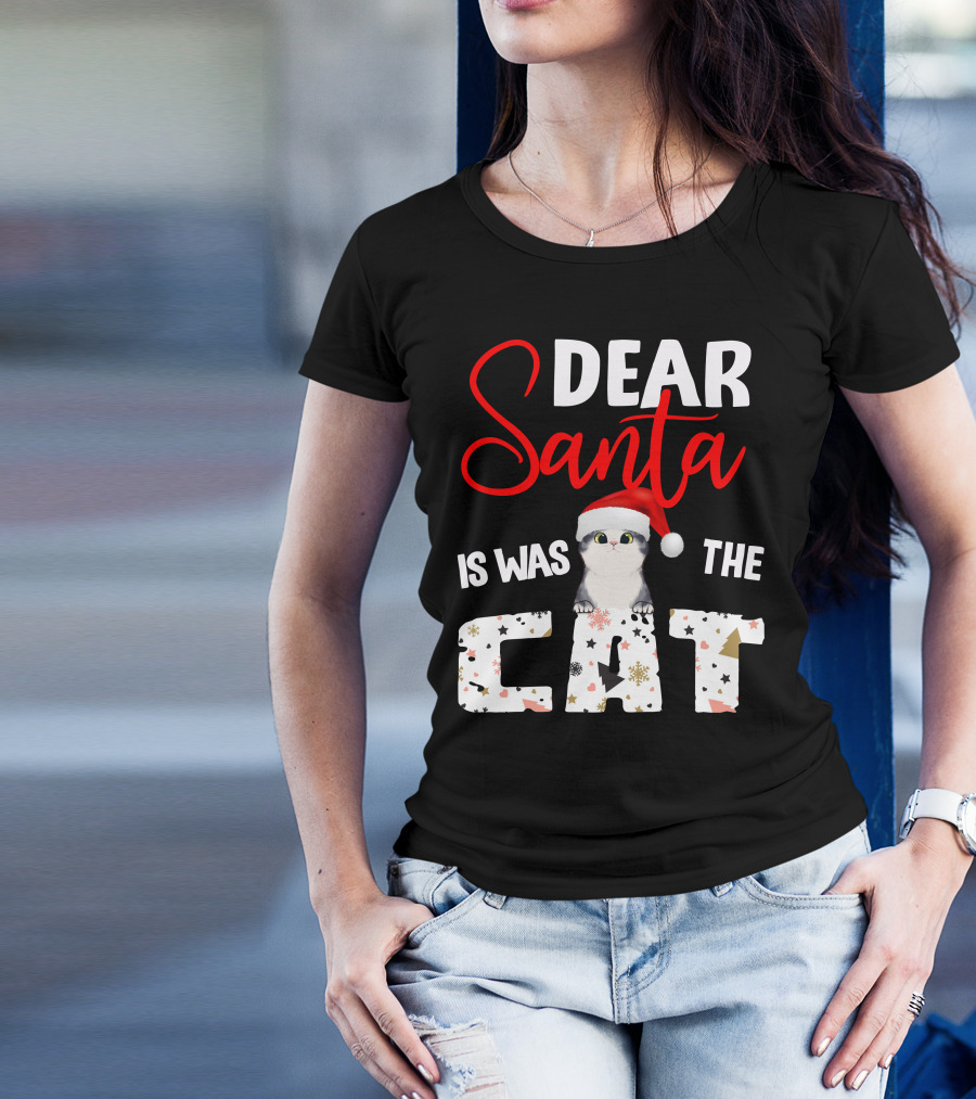 Dear Santa Cute Cat In Santa Hat Holiday Christmas T-Shirt