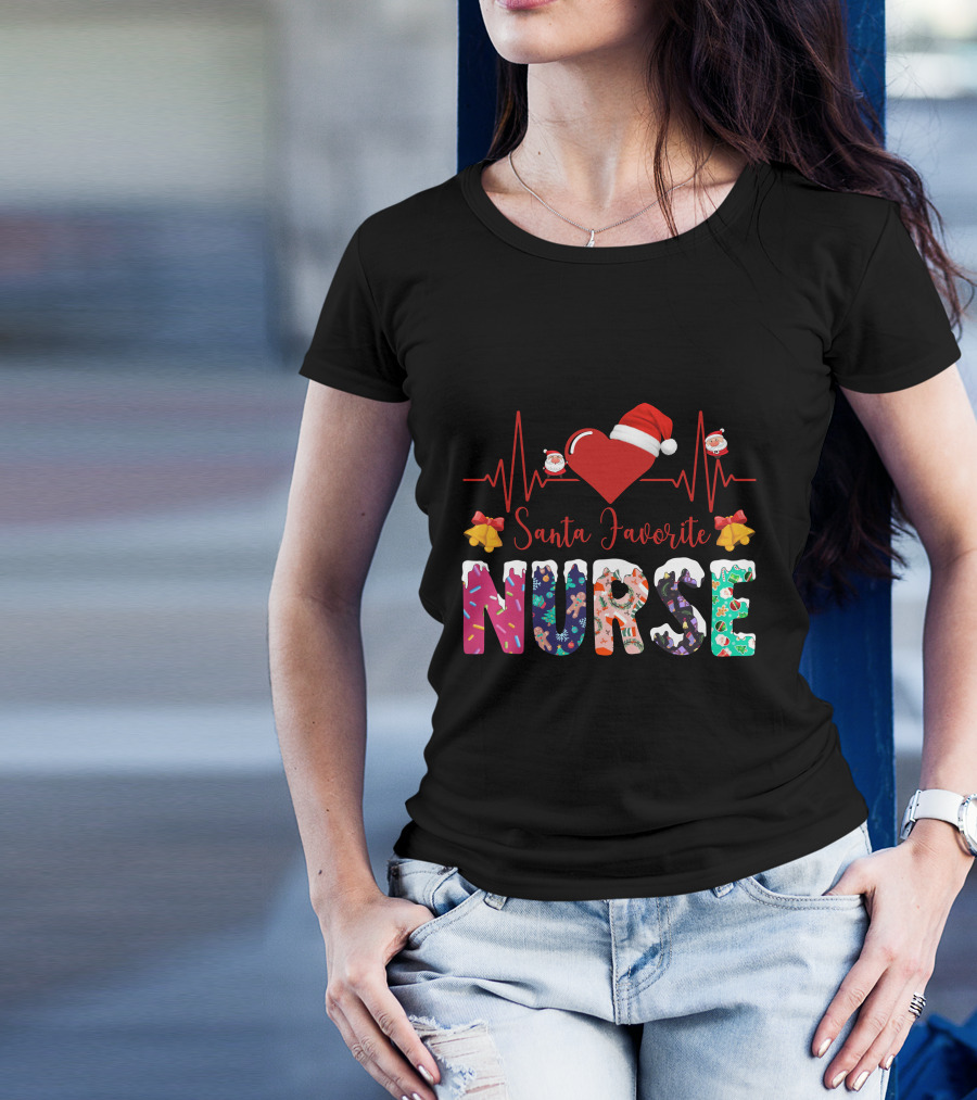 Santa Favorite Nurse Christmas Heartbeat T-Shirt