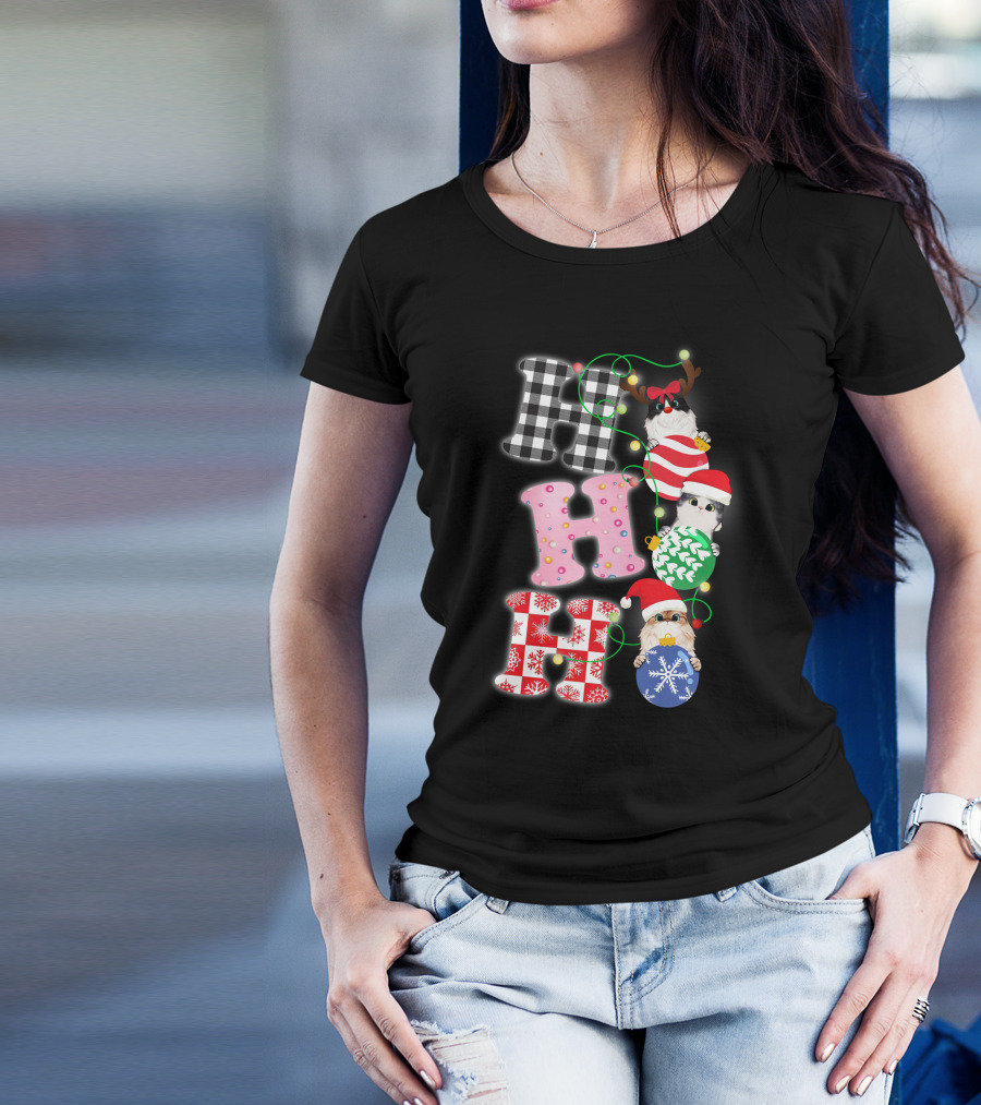 HO HO HO Christmas Cats In Holiday Hats And Ornaments T-Shirt