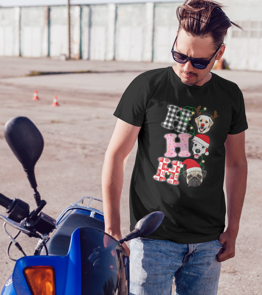 HO HO HO Christmas Dogs With Santa Hats And Reindeer Antlers T-Shirt