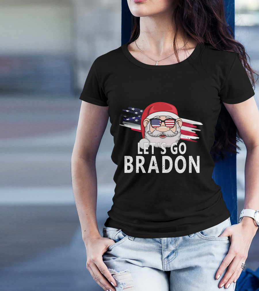 LET'S GO BRADON Christmas Santa USA Flag Glasses T-Shirt