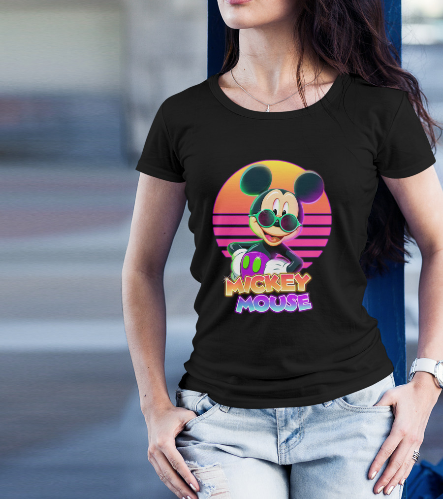 Mickey Mouse Retro Neon Style Sunglasses Sunset T-Shirt