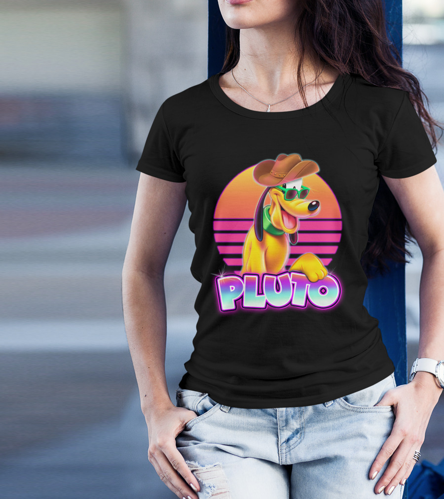 Pluto Retro Sunset Neon Style With Sunglasses And Cowboy Hat T-Shirt