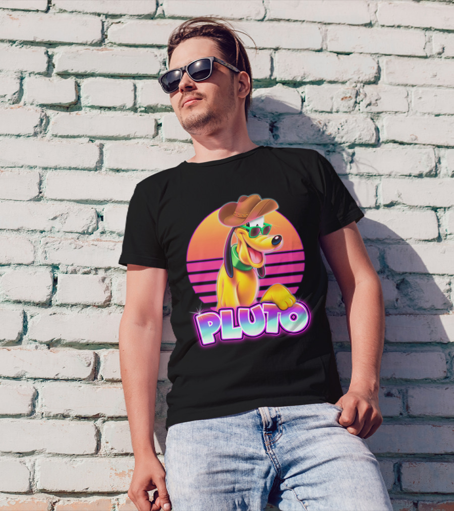 Pluto Retro Sunset Neon Style With Sunglasses And Cowboy Hat T-Shirt