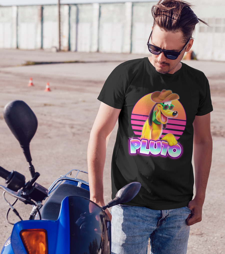 Pluto Retro Sunset Neon Style With Sunglasses And Cowboy Hat T-Shirt