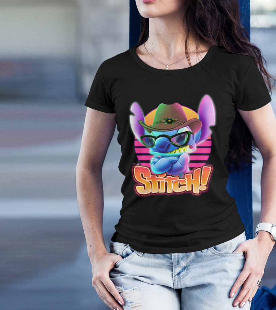 Stitch Neon Retro Cowboy Style With Sunglasses T-Shirt