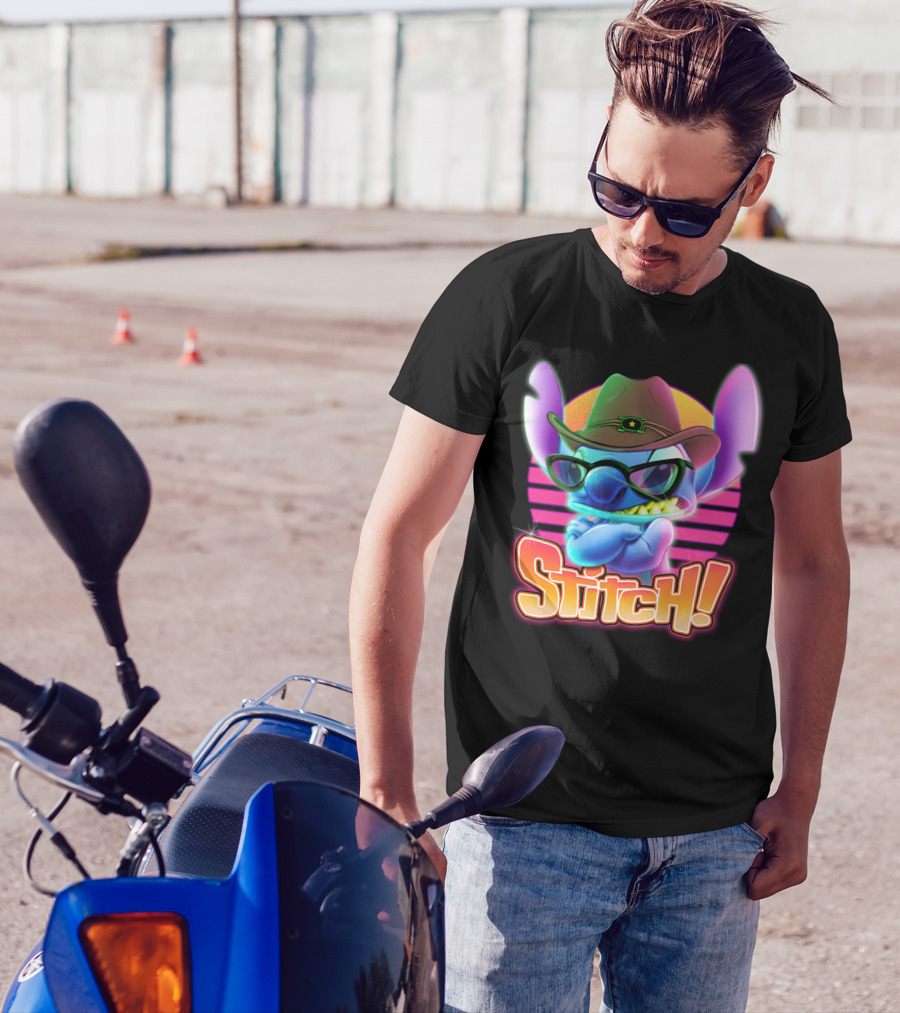 Stitch Neon Retro Cowboy Style With Sunglasses T-Shirt