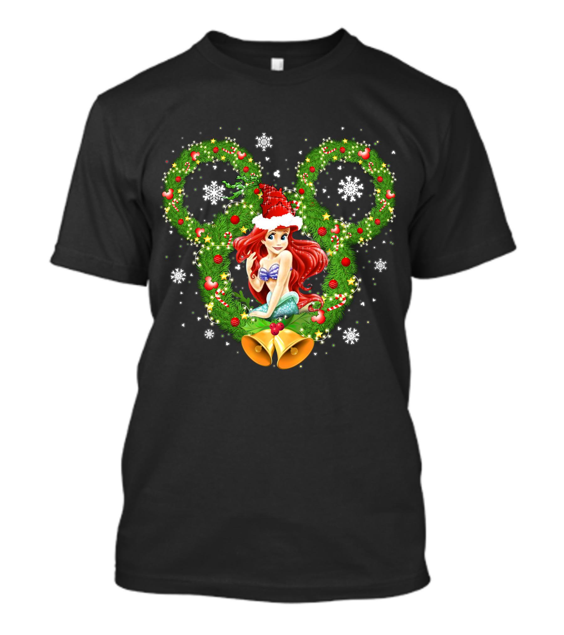 Ariel Christmas Holiday Wreath With Mickey Ears And Festive Bells T-Shirt