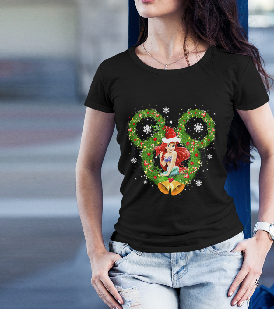 Ariel Christmas Holiday Wreath With Mickey Ears And Festive Bells T-Shirt