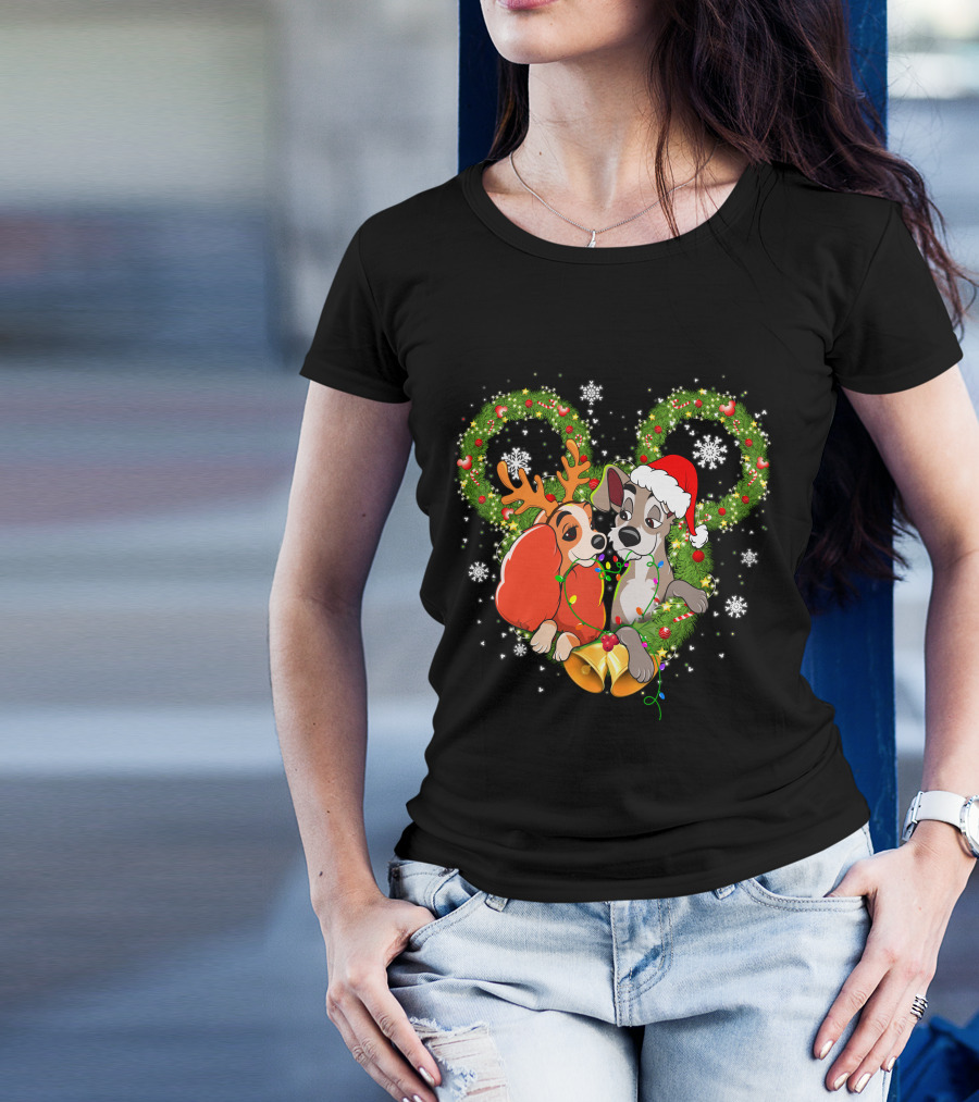 Lady And The Tramp Christmas Wreath Mickey Ears Snowflakes T-Shirt