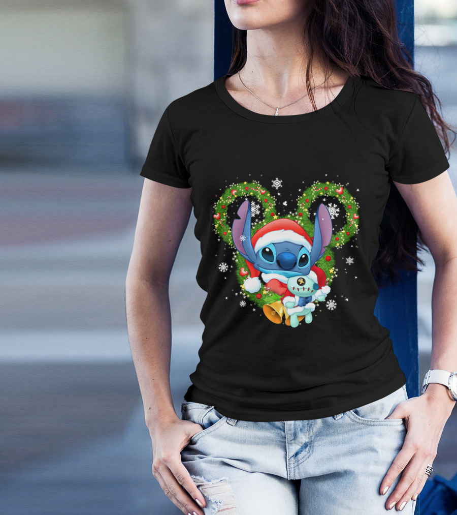 Stitch Santa Christmas Wreath Lilo And Stitch Disney Holiday T-Shirt