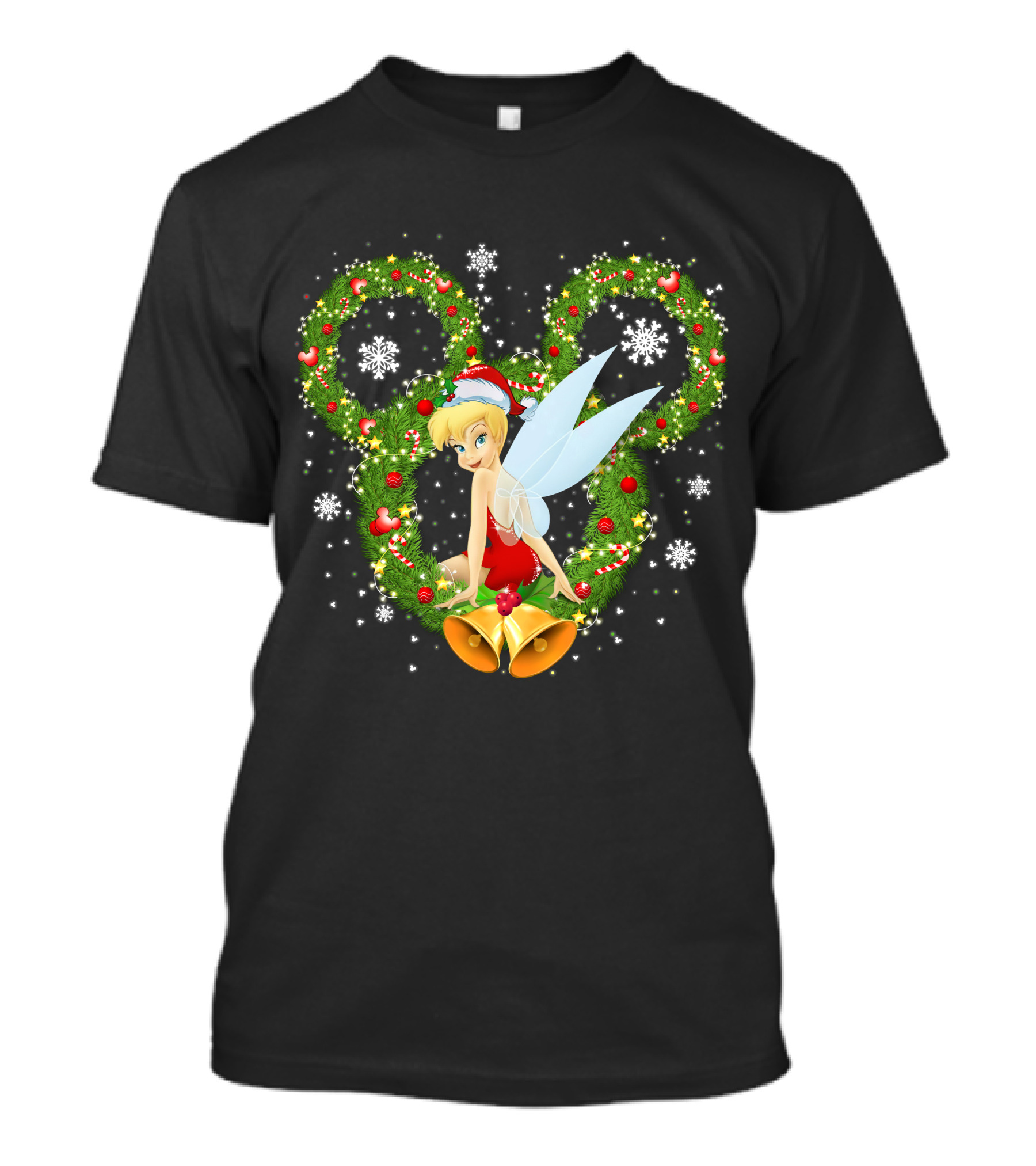 Tinker Bell Christmas Wreath With Santa Hat And Snowflakes T-Shirt