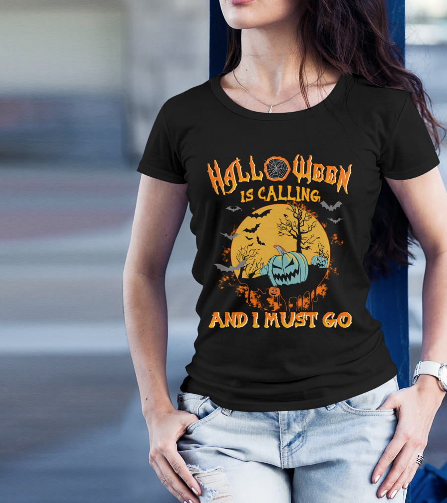 Halloween Is Calling And I Must Go Spooky Moon And Pumpkins Scene T-Shirt