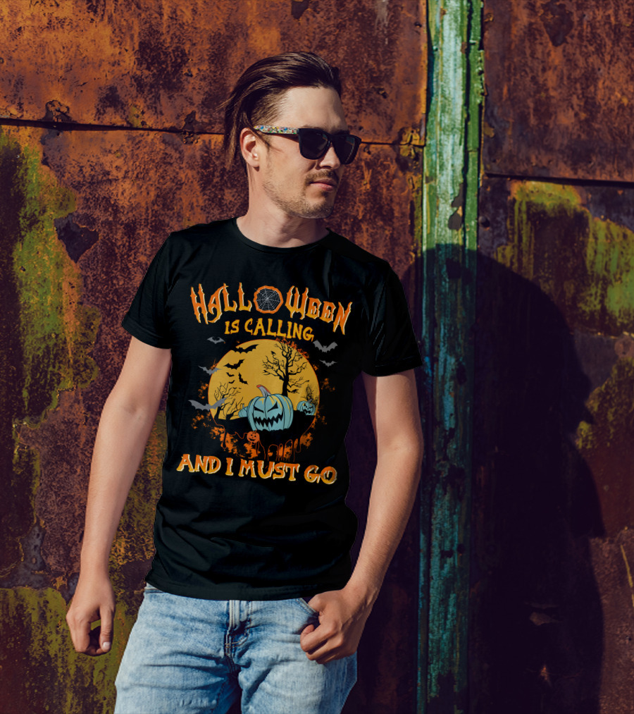 Halloween Is Calling And I Must Go Spooky Moon And Pumpkins Scene T-Shirt