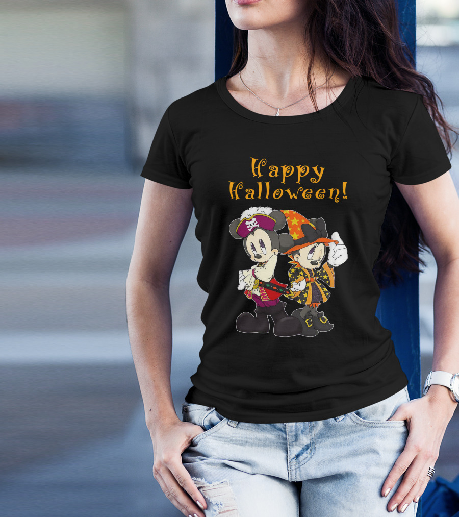 Happy Halloween Mickey And Minnie Mouse Pirate And Witch Costume T-Shirt