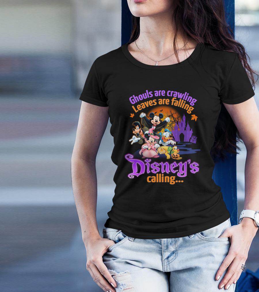 Ghouls Are Crawling Leaves Are Falling Disney's Calling With Mickey Mouse Minnie Mouse Goofy And Donald Duck Castle And Pumpkins T-Shirt