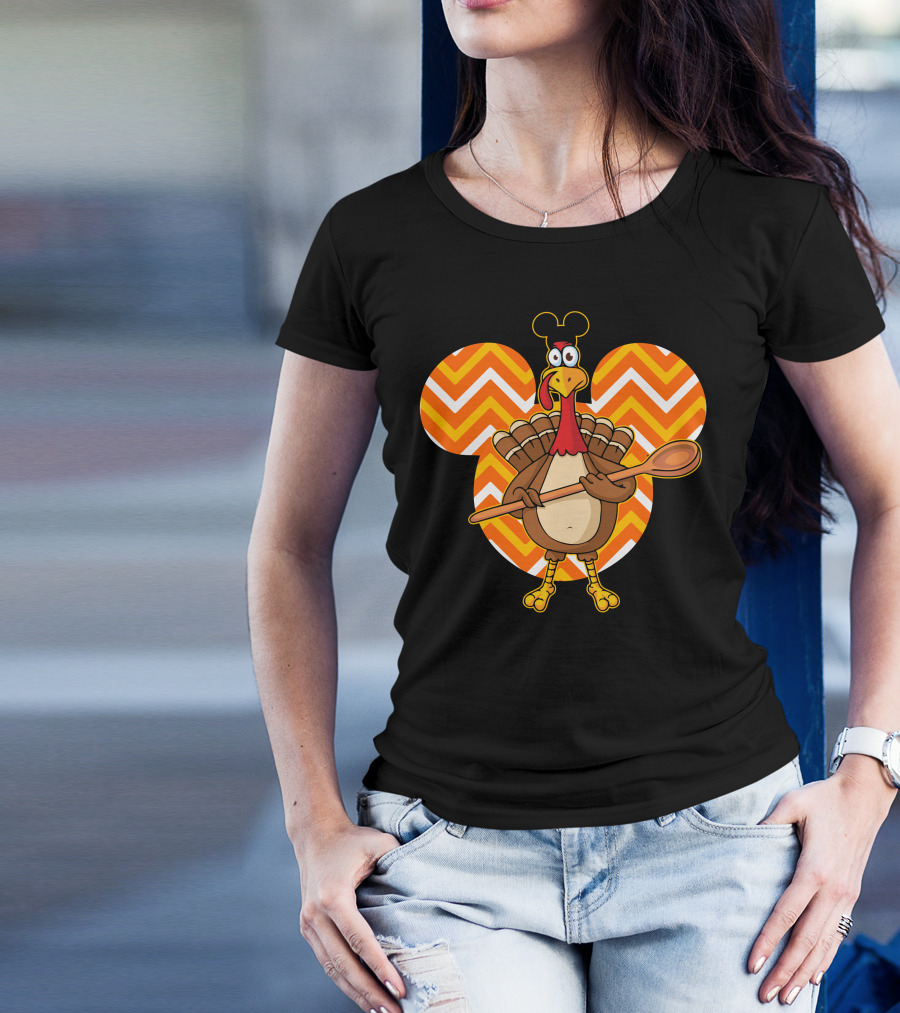 Thanksgiving Turkey With Spoon And Mickey Ears On Chevron T-Shirt