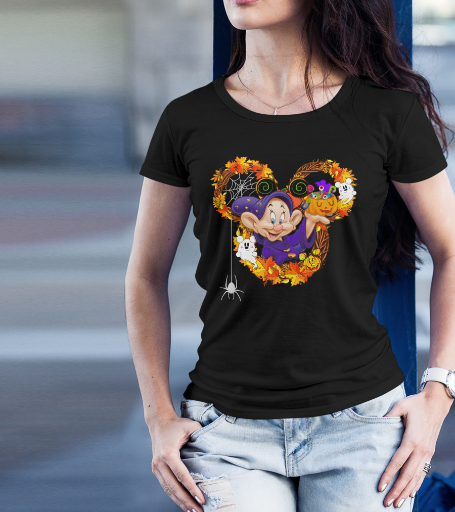 Dopey Halloween Mickey Ears Autumn Leaves Ghosts And Pumpkins T-Shirt