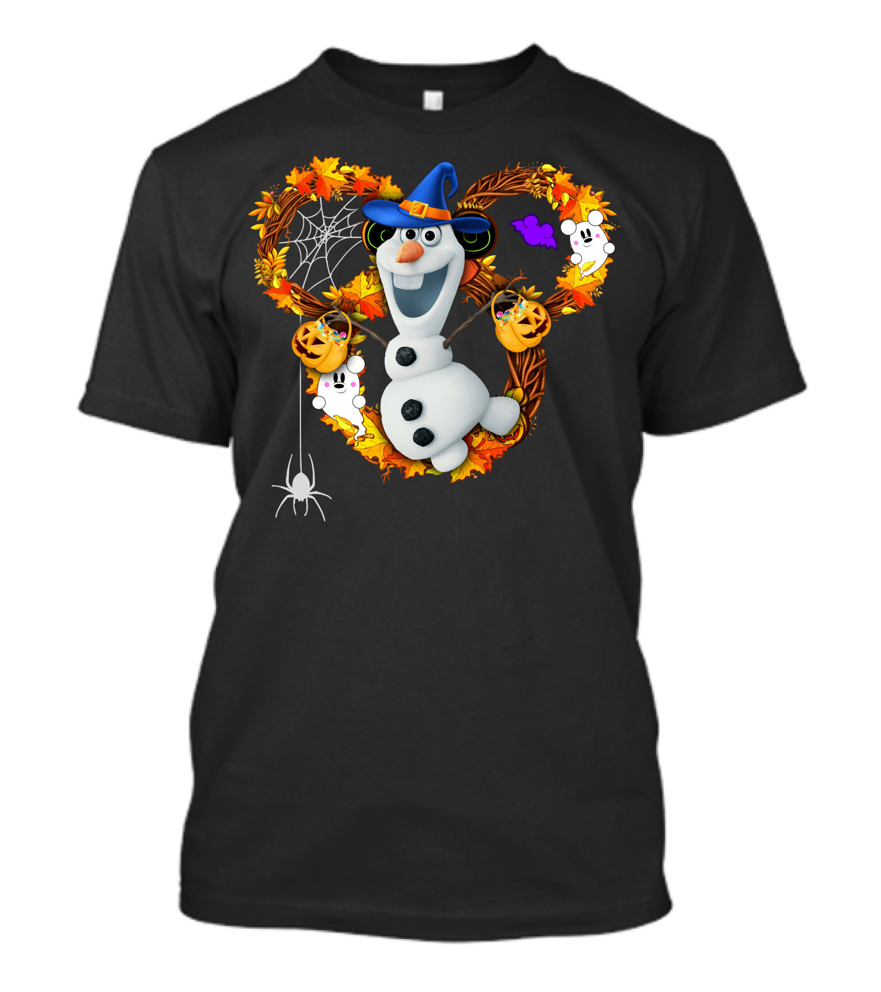 Olaf Halloween Witch Hat Pumpkin Candy Ghosts Spider Web Fall Leaves T-Shirt