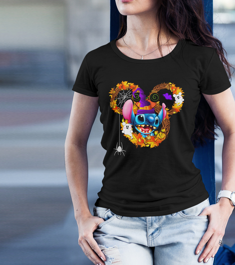 Stitch Halloween Mickey Mouse Ears With Spooky Autumn Leaves And Spider Web T-Shirt