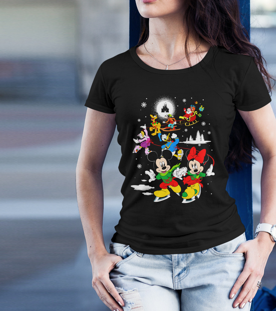 Merry Christmas 90 Disney Mickey Minnie Donald Goofy Pluto Santa Sled 스케이트 타기 T-Shirt
