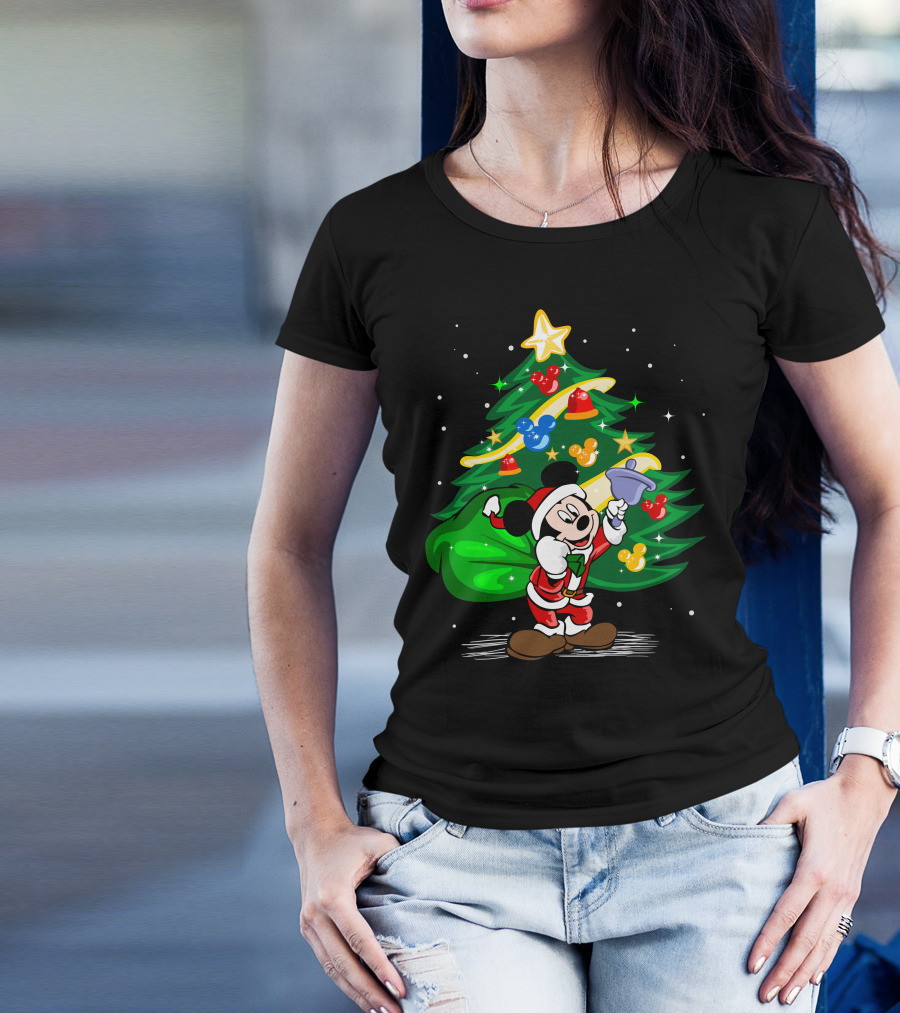 Mickey Mouse Santa With Christmas Tree And Ornaments T-Shirt