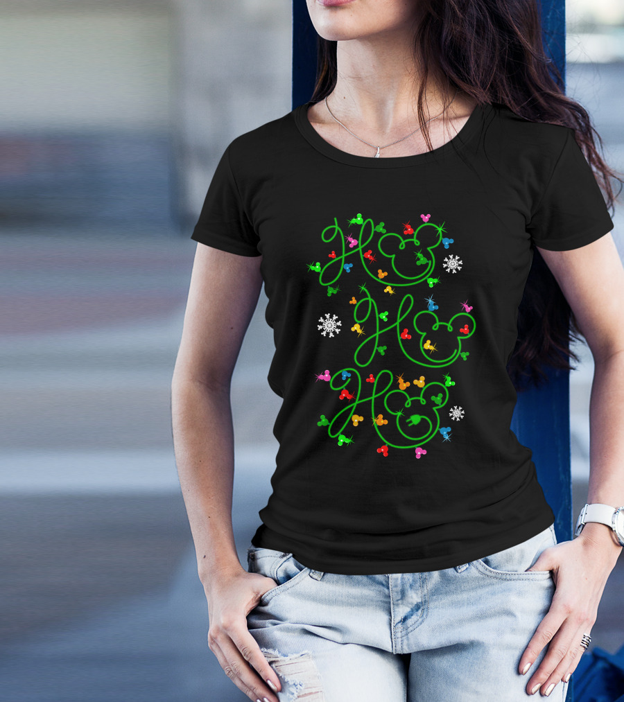 Ho Ho Ho Merry Christmas 54 Mickey Mouse Ears Snowflakes Colorful Ornaments T-Shirt