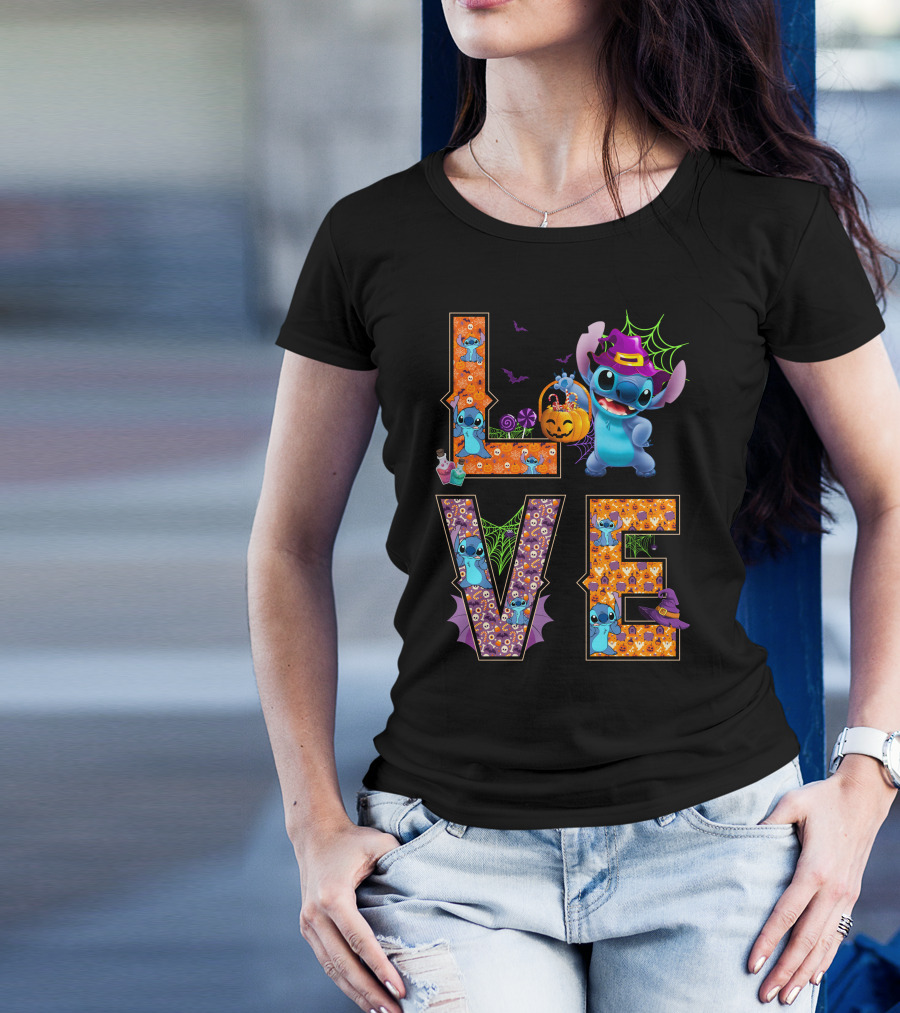 Love Stitch Halloween Theme With Pumpkin And Spiderwebs T-Shirt