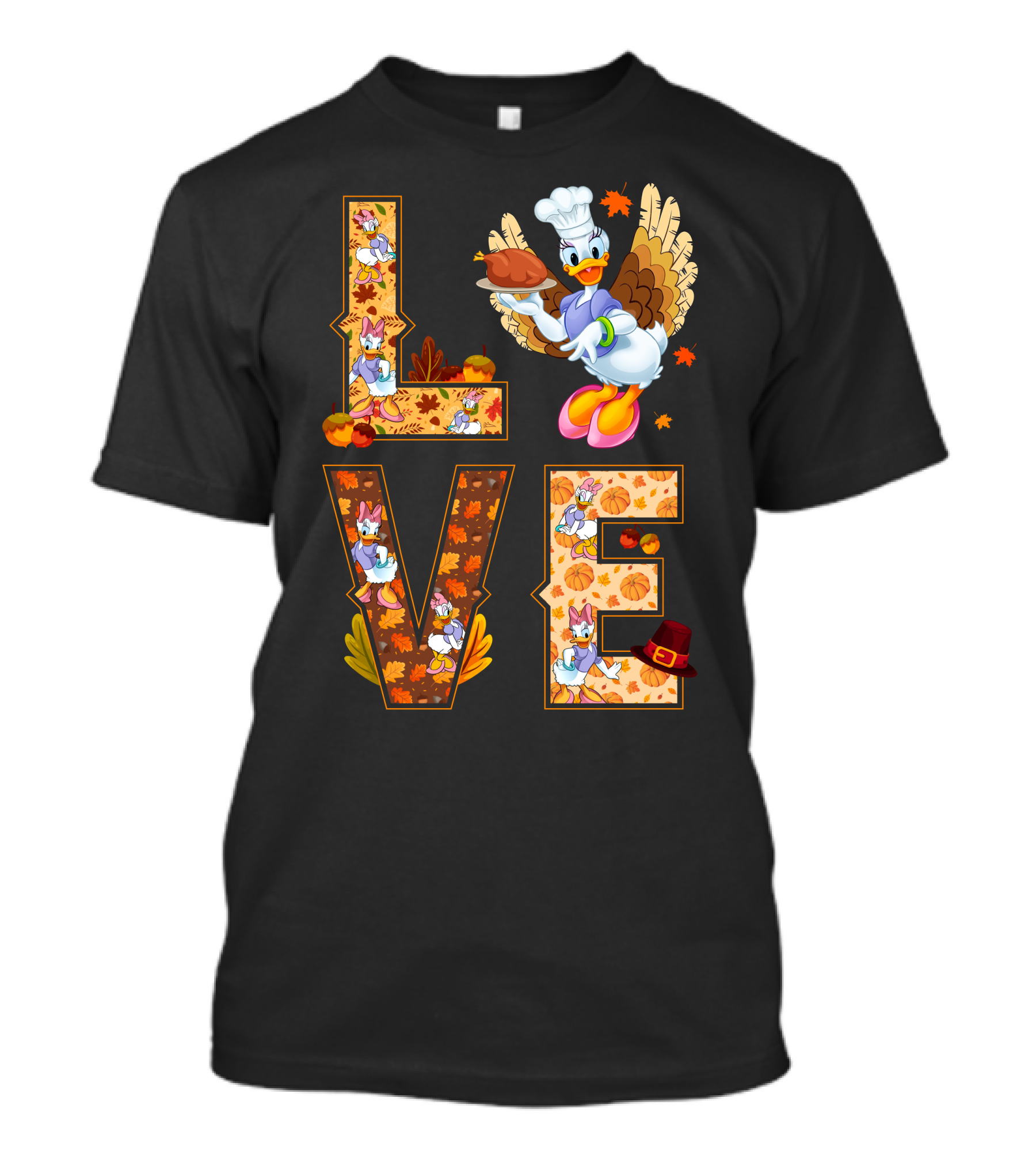 Thanksgiving Daisy Duck Love Fall Leaves Pumpkins Turkey Chef Hat T-Shirt