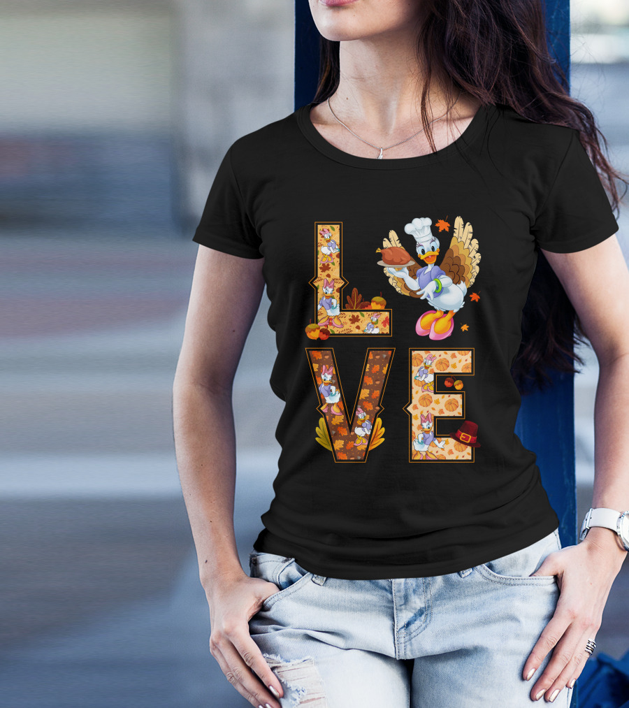 Thanksgiving Daisy Duck Love Fall Leaves Pumpkins Turkey Chef Hat T-Shirt