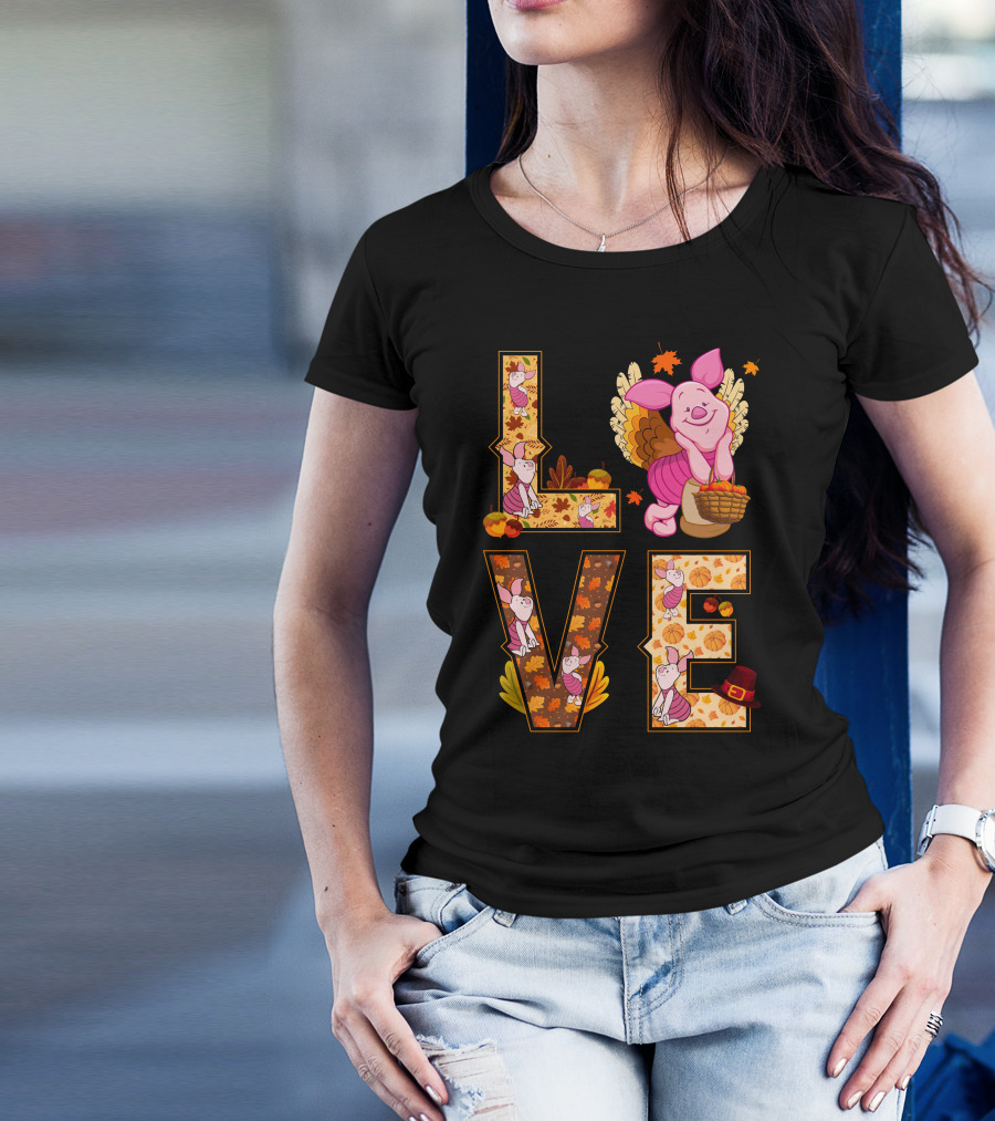 Piglet Love Autumn Harvest Thanksgiving Pumpkin Leaves T-Shirt