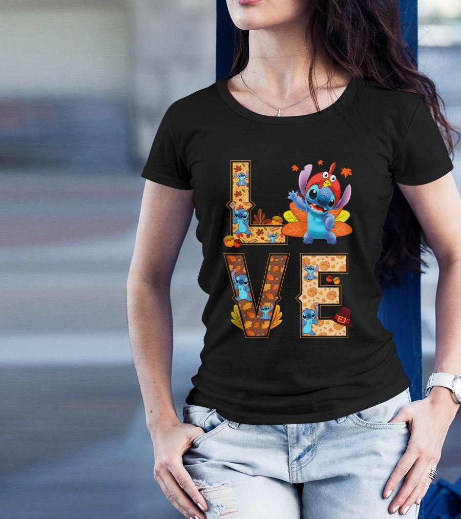 Love Stitch Thanksgiving Autumn Leaves Pumpkins Turkey Hat T-Shirt
