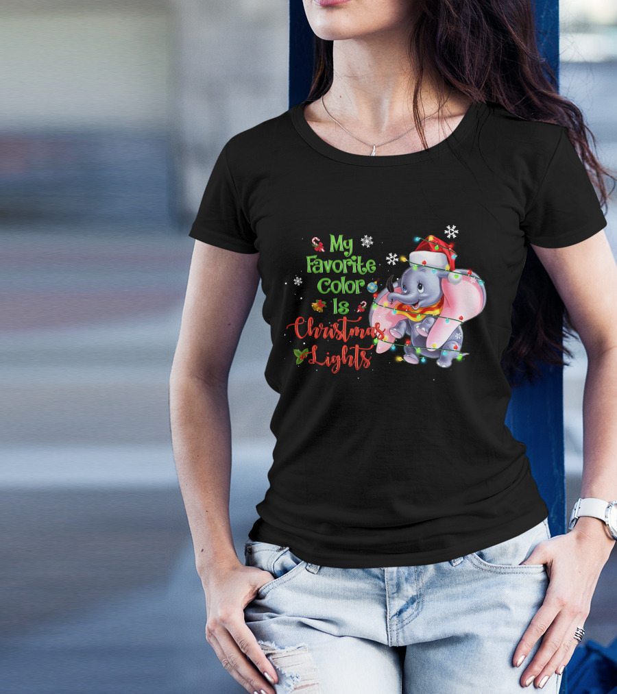 My Favorite Color Is Christmas Lights Dumbo Elephant Santa Hat Snowflakes Garland T-Shirt