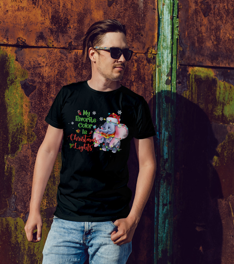 My Favorite Color Is Christmas Lights Dumbo Elephant Santa Hat Snowflakes Garland T-Shirt
