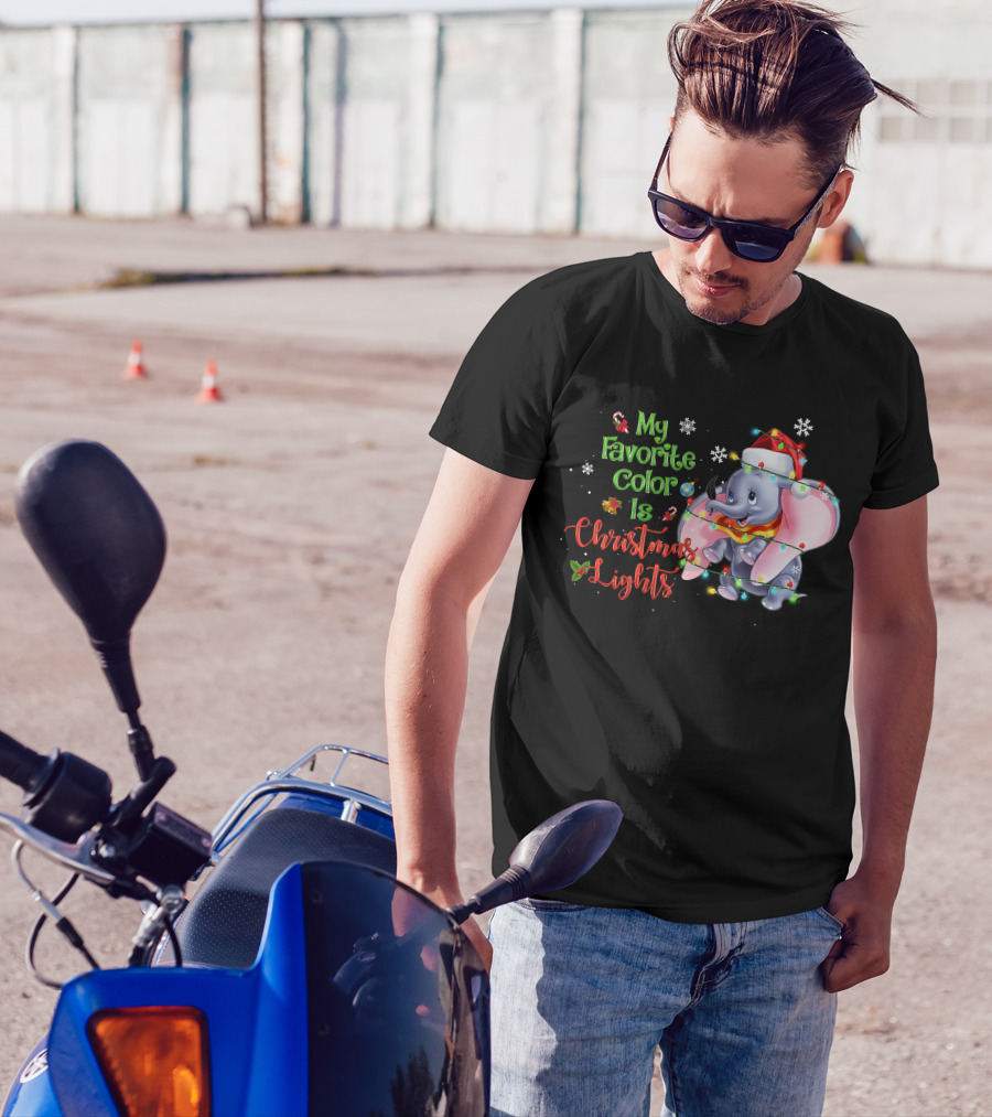 My Favorite Color Is Christmas Lights Dumbo Elephant Santa Hat Snowflakes Garland T-Shirt