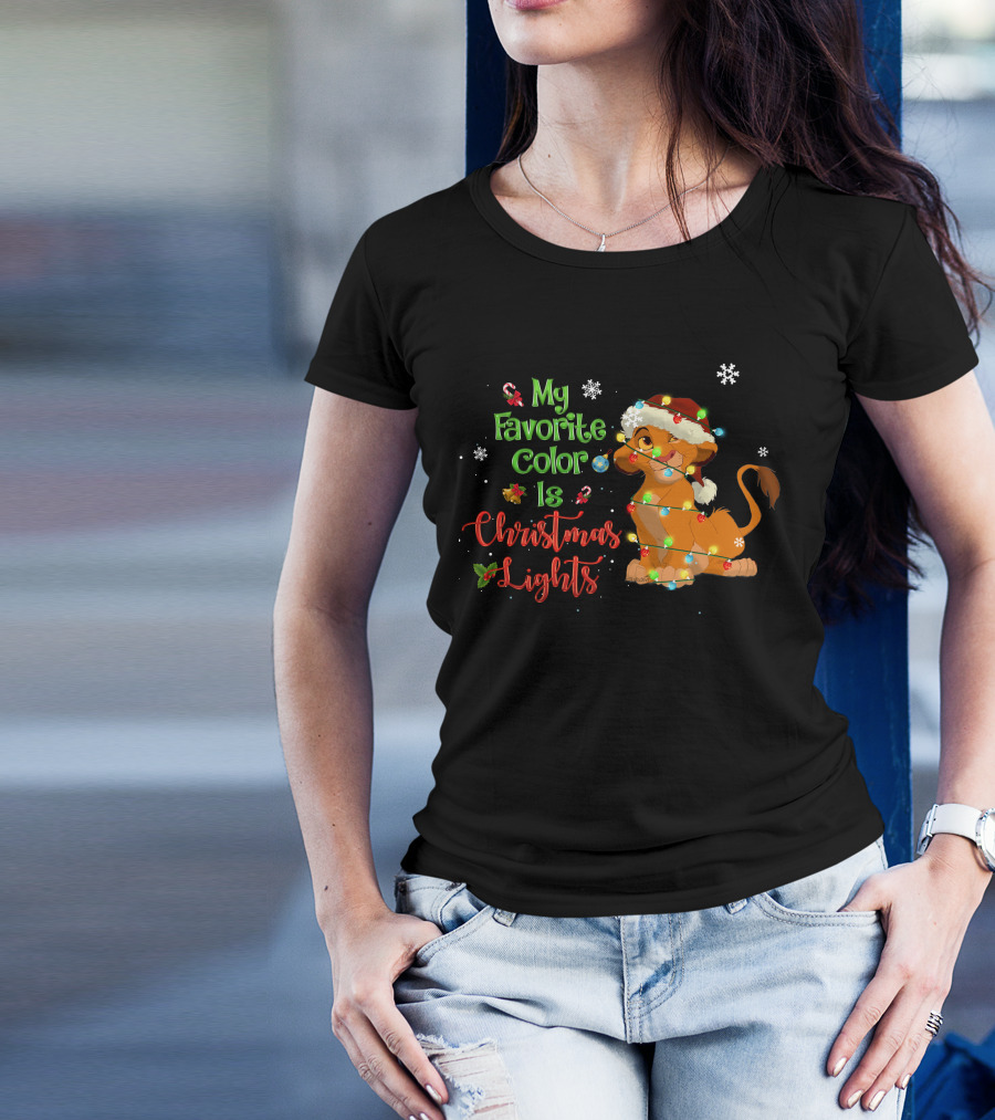 My Favorite Color Is Christmas Lights Simba Santa Hat Snowflakes T-Shirt